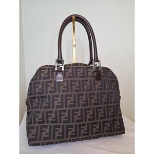 Fendi Zucca Canvas Brown Leather Trim Satchel Bag Silver Hardware Tote Vintage